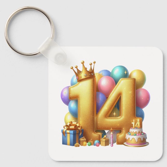 Goldener 14. Geburtstag Schlüsselanhänger (Vorderseite)