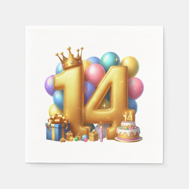 Goldener 14. Geburtstag Serviette (Vorderseite)