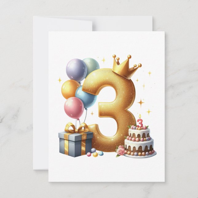 Goldener 3. Geburtstag Einladung (Vorderseite)