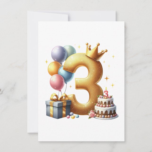 Goldener 3. Geburtstag Einladung (Vorderseite)
