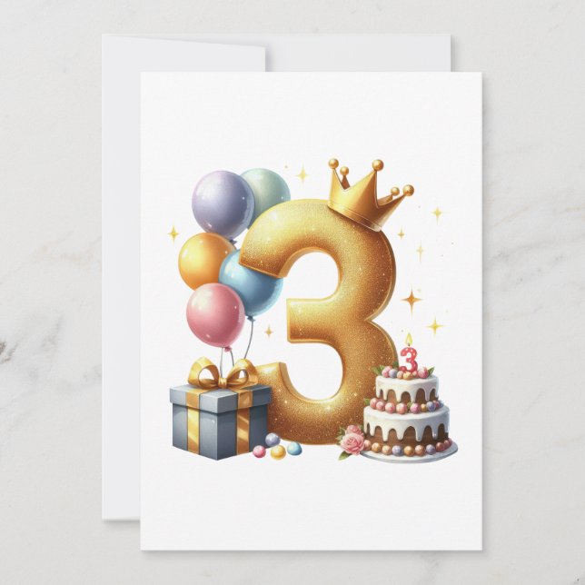 Goldener 3. Geburtstag Einladung (Vorderseite)