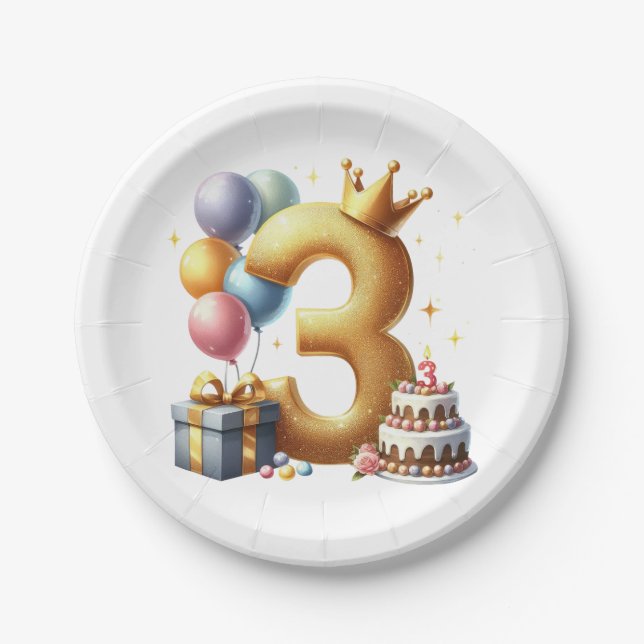 Goldener 3. Geburtstag Pappteller (Vorderseite)