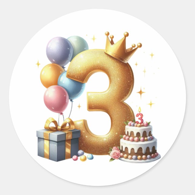 Goldener 3. Geburtstag Runder Aufkleber (Vorderseite)