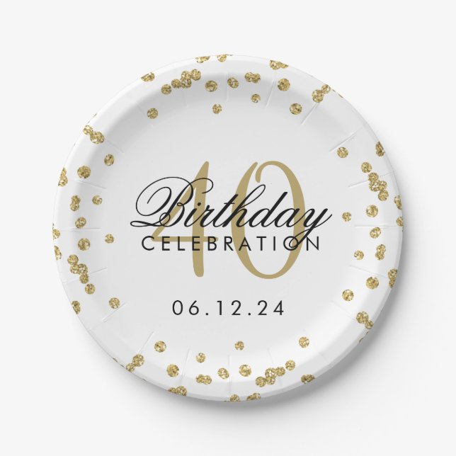Goldener 40. Geburtstag Glitzer Confetti White Pappteller (Vorderseite)
