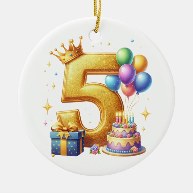 Goldener 5. Geburtstag Keramik Ornament (Vorne)