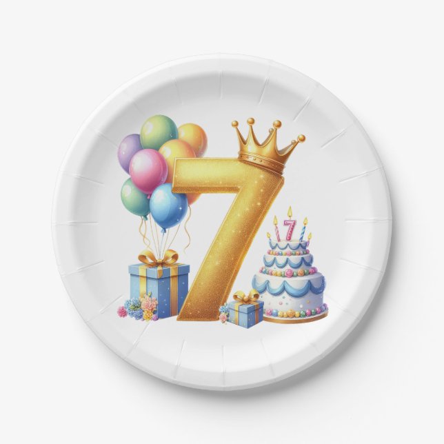 Goldener 7. Geburtstag Pappteller (Vorderseite)