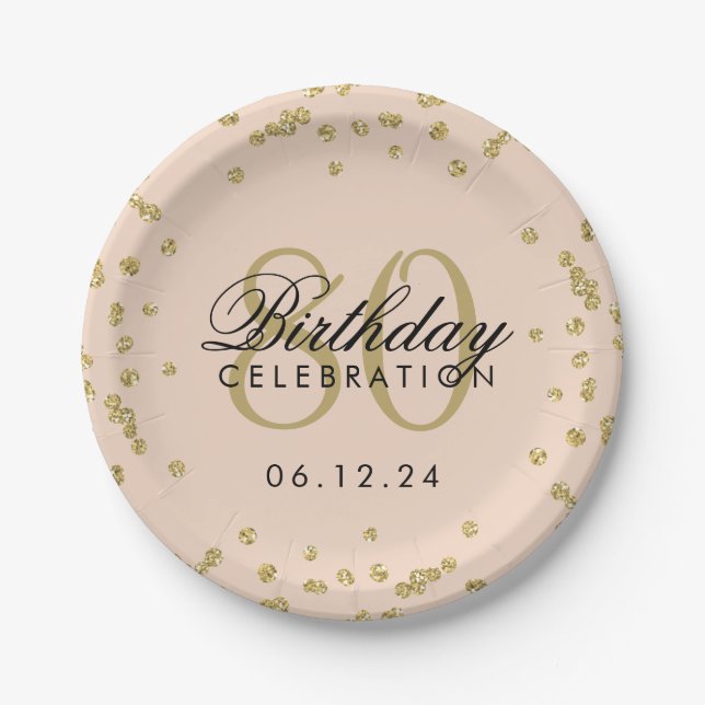 Goldener 80. Geburtstag Glitzer Confetti Blush Pin Pappteller (Vorderseite)