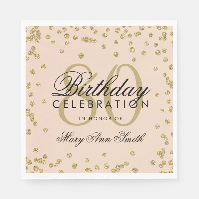 Goldener 80. Geburtstag Glitzer Confetti Blush Pin Serviette (Vorderseite)
