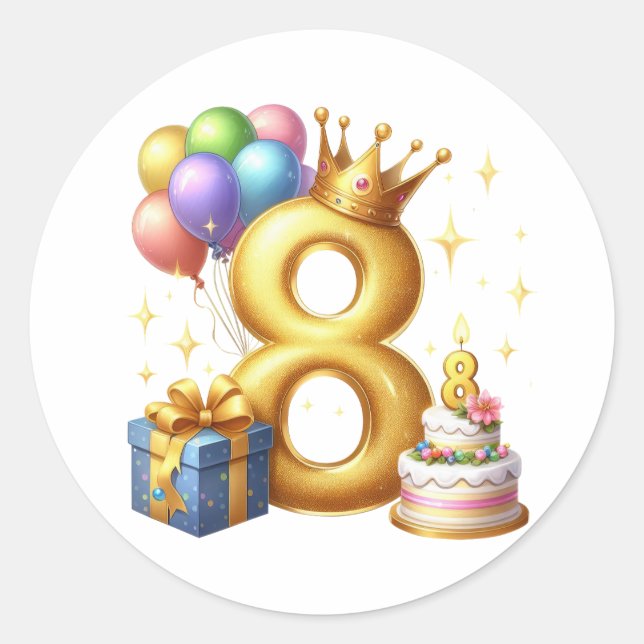 Goldener 8. Geburtstag Runder Aufkleber (Vorderseite)