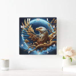 Goldener Adler auf dem Zweig in der Abenddämmerung Quadratische Wanduhr