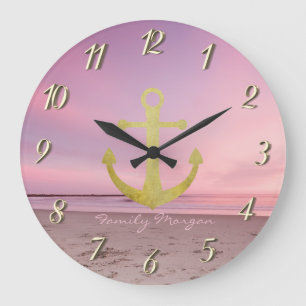Goldener Anker am Strand Sonnenuntergang Große Wanduhr