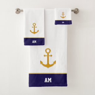 Goldener Anker & Monogramm auf marineblau-weißem B Badhandtuch Set