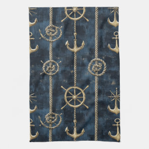 Goldener Anker & Steuer Nautical Muster Geschirrtuch