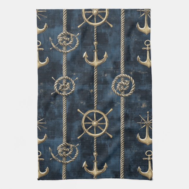 Goldener Anker & Steuer Nautical Muster Geschirrtuch (Vertikal)