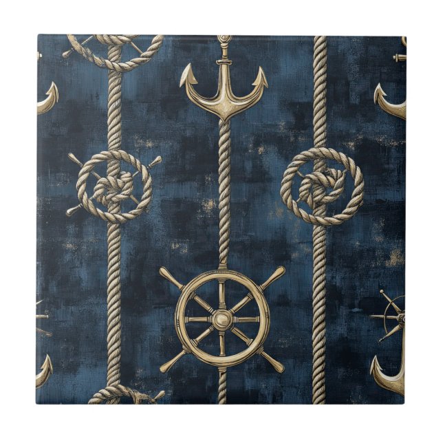 Goldener Anker & Steuer Nautilus-Muster Fliese (Vorderseite)