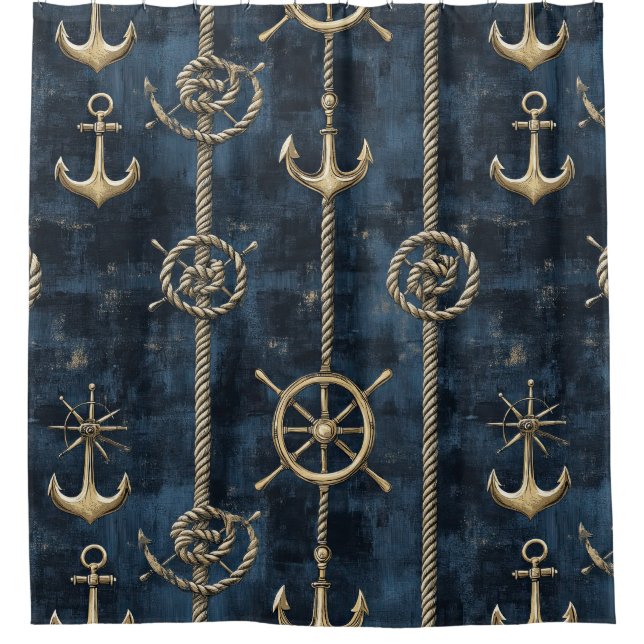 Goldener Anker & Steuerrad Nautilus-Muster Duschvorhang (Vorderseite)