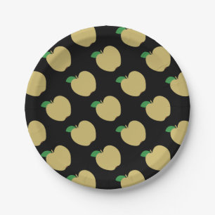 Goldener Apfel auf Schwarz Pappteller