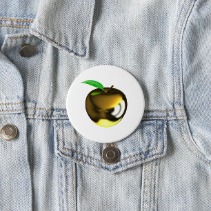 Goldener Apfel mit Blatt Glänzend Metallisch Button