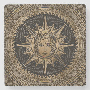 Goldener Apollo-Sonnengott auf griechischer Steinuntersetzer