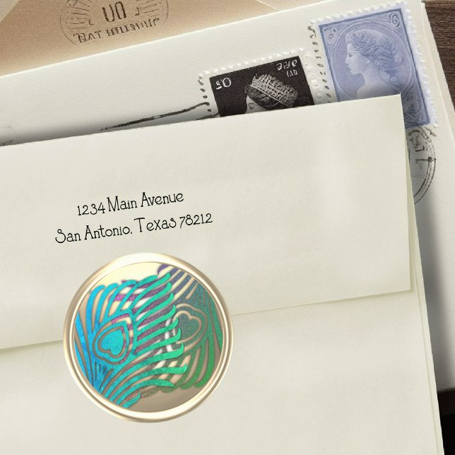 Goldener Art Deco Pfau Umschlag Aufkleber (Von Creator hochgeladen)