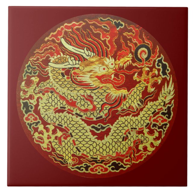 Goldener asiatischer Drache gestickt auf Fliese (Vorderseite)