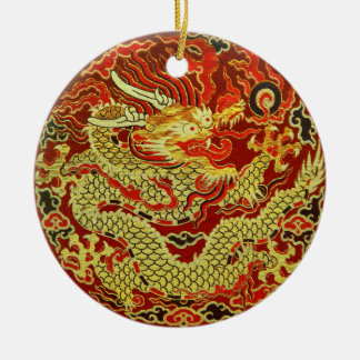 Goldener asiatischer Drache gestickt auf Keramikornament