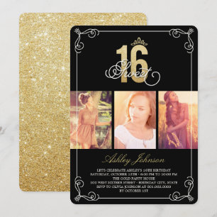 Goldener Aufschwung Glam Sweet 16 Foto-Geburtstags Einladung
