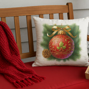 Goldener Aufschwung roter Schmuck & Kiefer Kissen