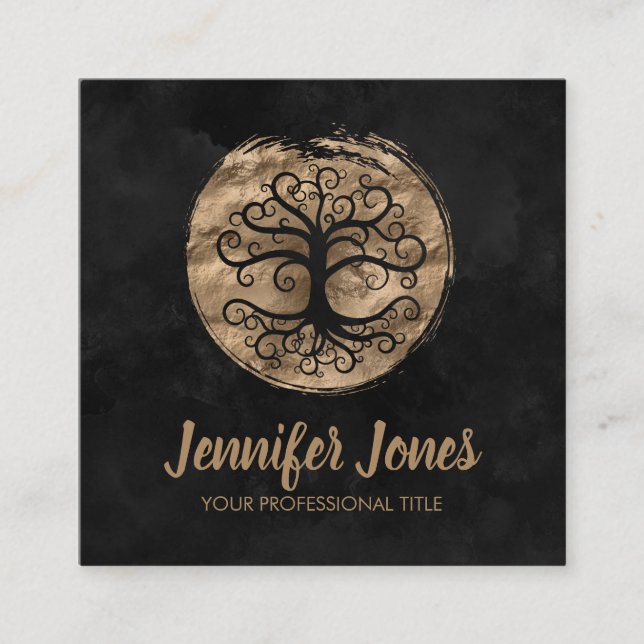 Goldener Baum des Lebens - auf schwarzem Aquarell Quadratische Visitenkarte (Vorderseite)