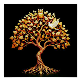 Goldener Baum des Lebens mit Eule und Taube Poster