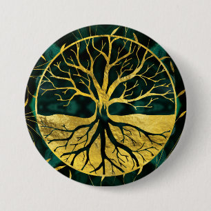 Goldener Baum des Lebens Yggdrasil auf Malachit Button