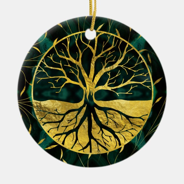 Goldener Baum des Lebens Yggdrasil auf Malachit Keramikornament (Vorne)