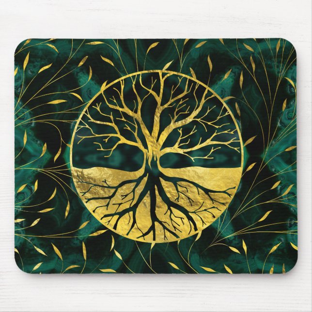Goldener Baum des Lebens Yggdrasil auf Malachit Mousepad (Vorne)