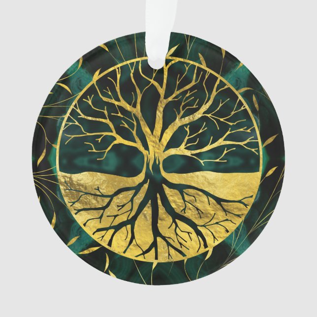 Goldener Baum des Lebens Yggdrasil auf Malachit Ornament (Vorderseite)