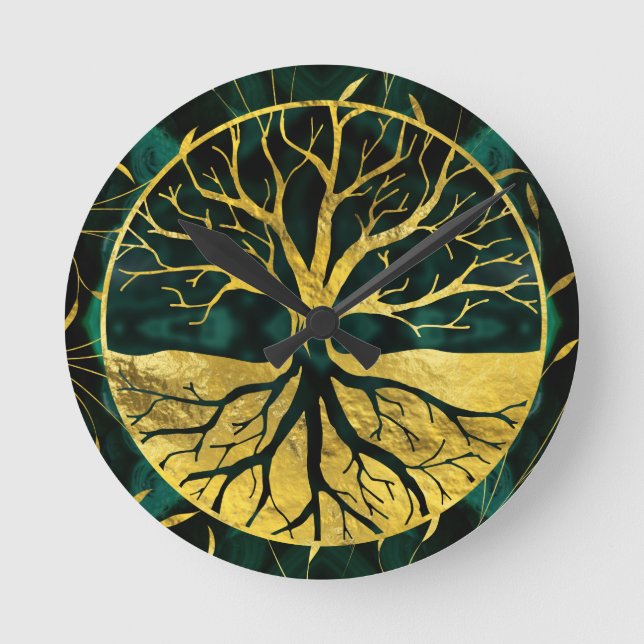 Goldener Baum des Lebens Yggdrasil auf Malachit Runde Wanduhr (Vorderseite)