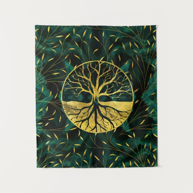 Goldener Baum des Lebens Yggdrasil auf Malachit Wandteppich (Vorderseite)