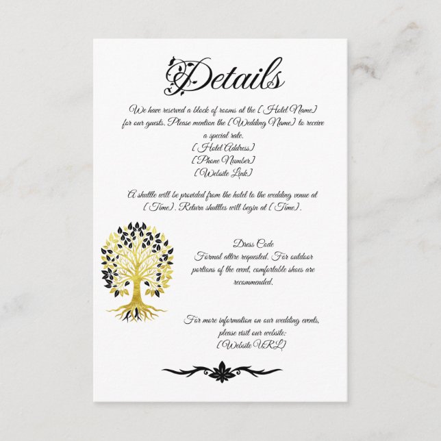 Goldener Baum des Lebens Zeitlose Hochzeit Begleitkarte (Vorderseite)