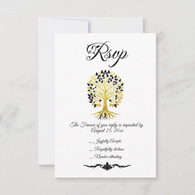 Goldener Baum des Lebens Zeitlose Hochzeit RSVP Karte (Vorderseite)