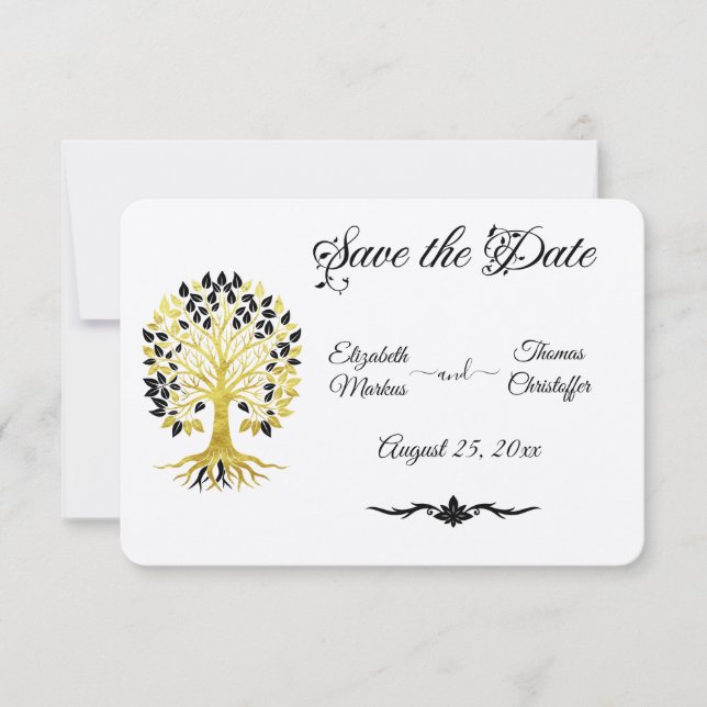 Goldener Baum des Lebens Zeitlose Hochzeit Save The Date (Vorderseite)