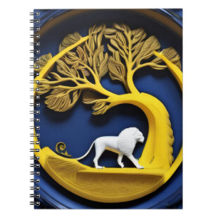 Goldener Baum umrahmt ein weißes Löwen Notizbuch Notizblock