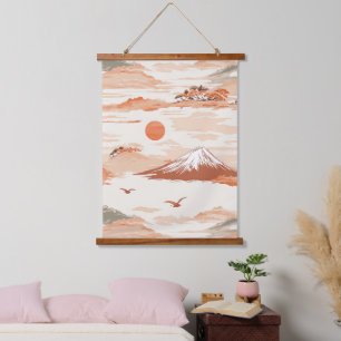 Goldener Berg Fuji Sonnenaufgang Japan Aquarellmus Wandteppich Mit Holzrahmen