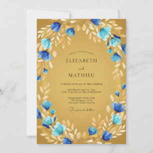 Goldener blauer Blumenkranz Hochzeit Einladung