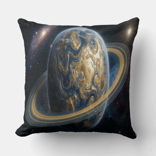 Goldener blauer Planet mit Ringen Kissen (Vorderseite)