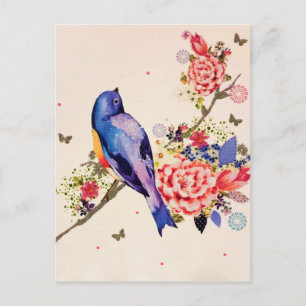 Goldener blauer Vogel roter floraler Schmetterling Postkarte