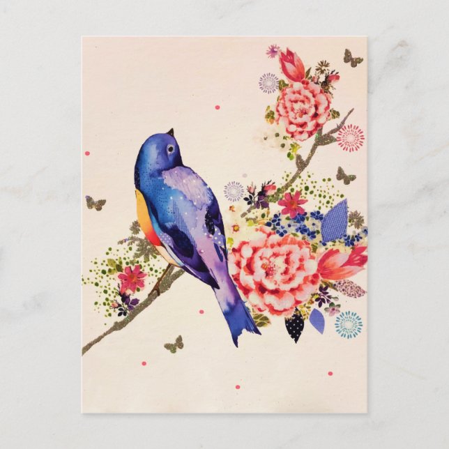 Goldener blauer Vogel roter floraler Schmetterling Postkarte (Vorderseite)