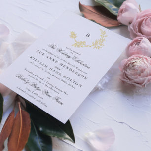 Goldener Blumenkranz Klassisches Monogramm Hochzei Folieneinladung