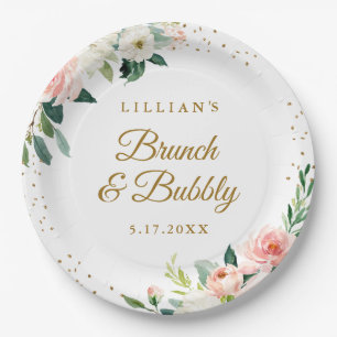 Goldener Blush-Blumen-Brunch und Bubbly Pappteller