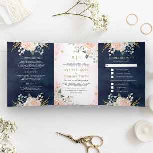 Goldener Blush Rosa Blumen-All-in-One-Navy-Hochzei Dreifach Gefaltete Einladung