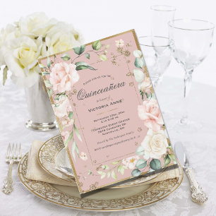 Goldener Blush-Rosa-Eleganter Blumen-Quinceañera Einladung