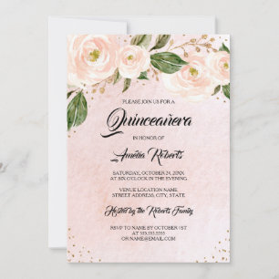 Goldener Blush Rosa Floral Quinceanera Geburtstag Einladung
